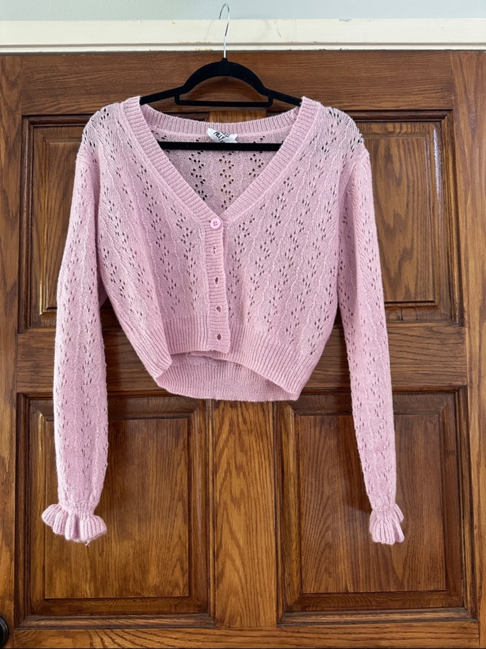 Princess Polly Pastel Pink Cropped Eyelet Knit Cardigan